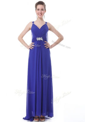Blue Sleeveless With Train Beading and Ruching Side Zipper Evening Dress