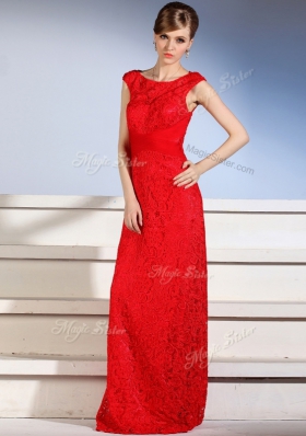 Captivating Red Column/Sheath Bateau Sleeveless Lace Floor Length Side Zipper Lace Dress for Prom
