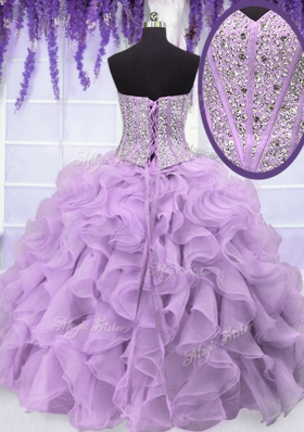 Chic Four Piece Floor Length Lace Up Sweet 16 Quinceanera Dress Lavender and In for Military Ball and Sweet 16 and Quinceanera with Ruffles and Sequins