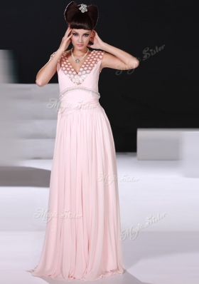 Custom Designed Sleeveless Chiffon Floor Length Zipper Prom Evening Gown in Baby Pink for with Beading