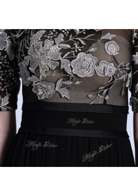 Customized Scoop Floor Length Black Evening Dress Chiffon Half Sleeves Beading and Appliques