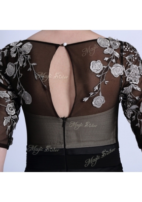 Customized Scoop Floor Length Black Evening Dress Chiffon Half Sleeves Beading and Appliques