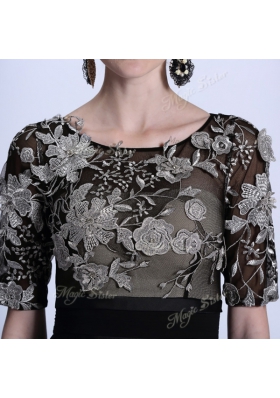 Customized Scoop Floor Length Black Evening Dress Chiffon Half Sleeves Beading and Appliques