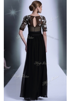 Customized Scoop Floor Length Black Evening Dress Chiffon Half Sleeves Beading and Appliques