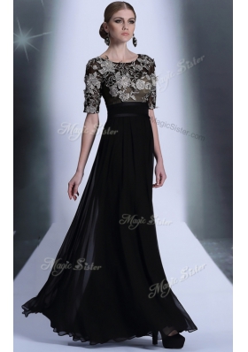 Customized Scoop Floor Length Black Evening Dress Chiffon Half Sleeves Beading and Appliques