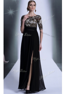 Customized Scoop Floor Length Black Evening Dress Chiffon Half Sleeves Beading and Appliques