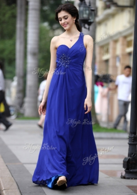 Cute One Shoulder Royal Blue Chiffon Side Zipper Homecoming Party Dress Sleeveless Floor Length Beading and Ruching