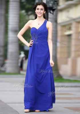 Cute One Shoulder Royal Blue Chiffon Side Zipper Homecoming Party Dress Sleeveless Floor Length Beading and Ruching