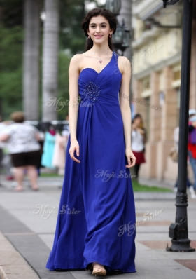 Cute One Shoulder Royal Blue Chiffon Side Zipper Homecoming Party Dress Sleeveless Floor Length Beading and Ruching