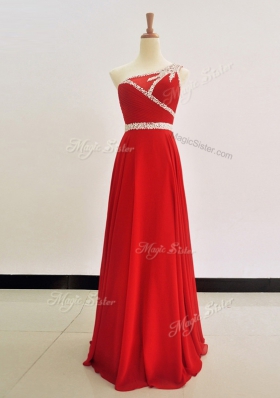 Eye-catching One Shoulder Sleeveless Floor Length Beading Zipper Prom Party Dress with Red
