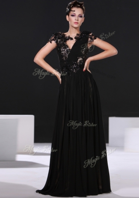 Fabulous Floor Length Black Prom Gown Scoop Cap Sleeves Backless