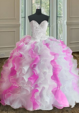 Fantastic Floor Length White and Pink Quince Ball Gowns Organza Sleeveless Beading and Ruffles