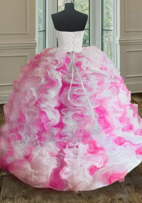 Fantastic Floor Length White and Pink Quince Ball Gowns Organza Sleeveless Beading and Ruffles