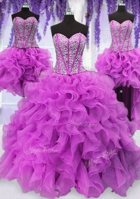 Fine Four Piece Sequins Floor Length Fuchsia Quinceanera Dress Sweetheart Sleeveless Lace Up