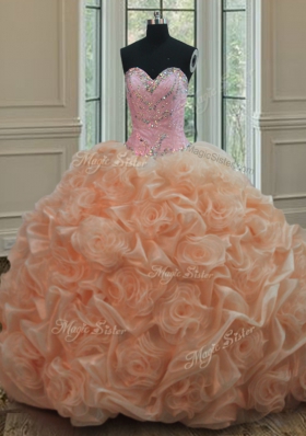 Fine Pick Ups Peach Sleeveless Organza Sweep Train Lace Up Sweet 16 Quinceanera Dress for Military Ball and Sweet 16 and Quinceanera