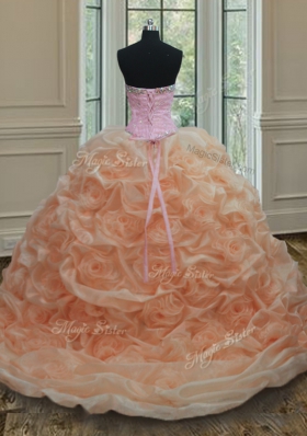 Fine Pick Ups Peach Sleeveless Organza Sweep Train Lace Up Sweet 16 Quinceanera Dress for Military Ball and Sweet 16 and Quinceanera