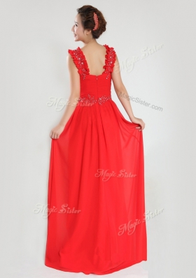 Fitting Sleeveless Chiffon Floor Length Zipper Dress for Prom in Coral Red for with Beading and Ruching