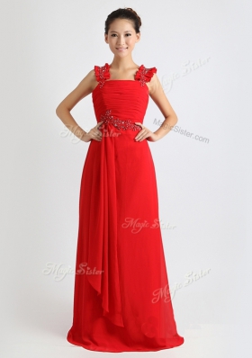 Fitting Sleeveless Chiffon Floor Length Zipper Dress for Prom in Coral Red for with Beading and Ruching