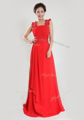 Fitting Sleeveless Chiffon Floor Length Zipper Dress for Prom in Coral Red for with Beading and Ruching