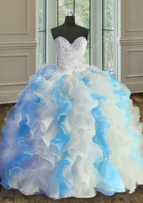 Floor Length Blue And White Quinceanera Gowns Sweetheart Sleeveless Lace Up