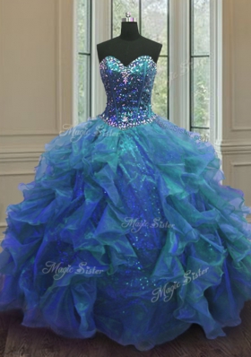 Floor Length Blue Quinceanera Gown Organza and Sequined Sleeveless Beading and Ruffles