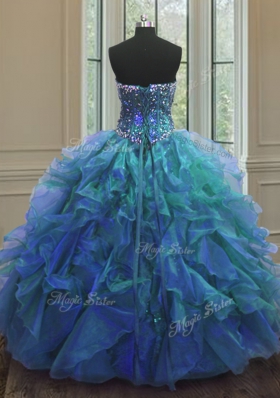 Floor Length Blue Quinceanera Gown Organza and Sequined Sleeveless Beading and Ruffles