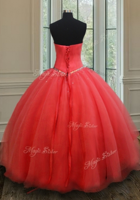 Floor Length Lace Up Sweet 16 Dress Coral Red and In for Military Ball and Sweet 16 and Quinceanera with Beading