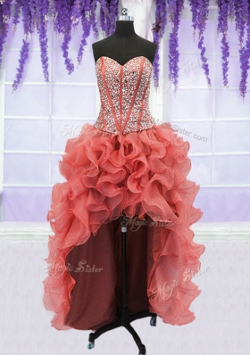 Four Piece Organza Sweetheart Sleeveless Lace Up Beading and Ruffles Sweet 16 Dress in Coral Red