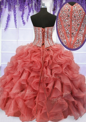 Four Piece Organza Sweetheart Sleeveless Lace Up Beading and Ruffles Sweet 16 Dress in Coral Red
