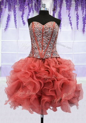 Four Piece Organza Sweetheart Sleeveless Lace Up Beading and Ruffles Sweet 16 Dress in Coral Red