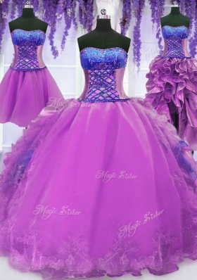Four Piece Purple Lace Up Quinceanera Dresses Embroidery and Ruffles Sleeveless Floor Length