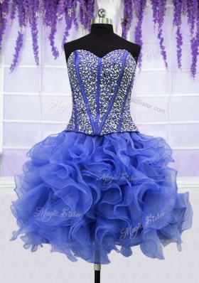 Four Piece Royal Blue Ball Gowns Ruffles and Sequins Quince Ball Gowns Lace Up Organza Sleeveless Floor Length