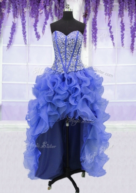 Four Piece Royal Blue Ball Gowns Ruffles and Sequins Quince Ball Gowns Lace Up Organza Sleeveless Floor Length