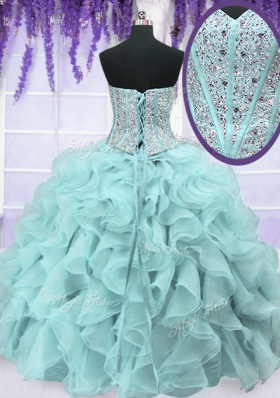 Four Piece Ruffles and Sequins Sweet 16 Dresses Light Blue Lace Up Sleeveless Floor Length