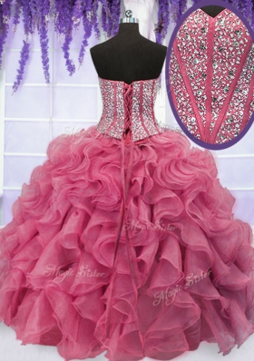 Four Piece Sequins Ruffled Floor Length Ball Gowns Sleeveless Pink Quinceanera Dress Lace Up