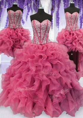 Four Piece Sequins Ruffled Floor Length Ball Gowns Sleeveless Pink Quinceanera Dress Lace Up
