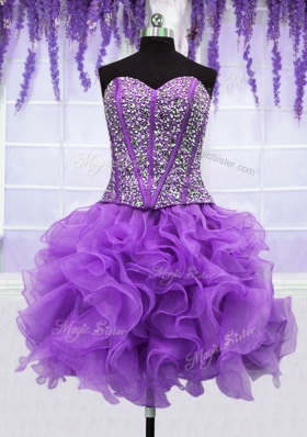 Four Piece Sweetheart Sleeveless Quinceanera Dress Floor Length Ruffles and Sequins Eggplant Purple Organza