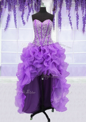 Four Piece Sweetheart Sleeveless Quinceanera Dress Floor Length Ruffles and Sequins Eggplant Purple Organza