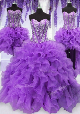 Four Piece Sweetheart Sleeveless Quinceanera Dress Floor Length Ruffles and Sequins Eggplant Purple Organza