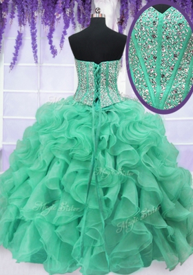 Four Piece Turquoise Organza Lace Up Sweetheart Sleeveless Floor Length 15 Quinceanera Dress Ruffles and Sequins