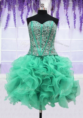 Four Piece Turquoise Organza Lace Up Sweetheart Sleeveless Floor Length 15 Quinceanera Dress Ruffles and Sequins