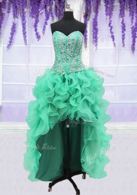 Four Piece Turquoise Organza Lace Up Sweetheart Sleeveless Floor Length 15 Quinceanera Dress Ruffles and Sequins