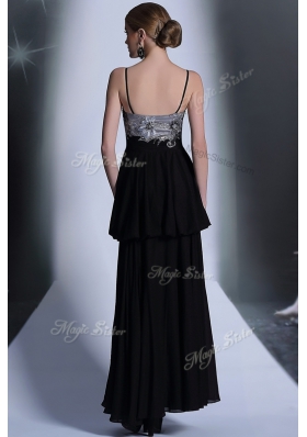 High End Black Side Zipper Spaghetti Straps Embroidery and Sequins and Hand Made Flower Chiffon Sleeveless