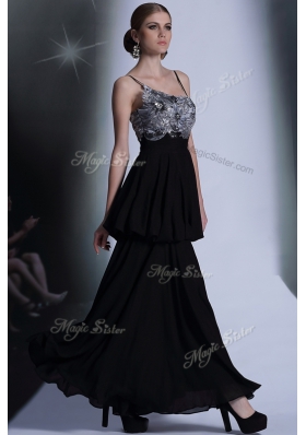 High End Black Side Zipper Spaghetti Straps Embroidery and Sequins and Hand Made Flower Chiffon Sleeveless