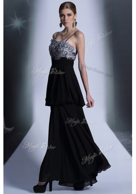 High End Black Side Zipper Spaghetti Straps Embroidery and Sequins and Hand Made Flower Chiffon Sleeveless