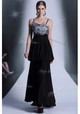 High End Black Side Zipper Spaghetti Straps Embroidery and Sequins and Hand Made Flower Chiffon Sleeveless
