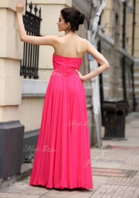 Hot Pink Chiffon Zipper Sweetheart Sleeveless Floor Length Homecoming Dress Sashes|ribbons and Ruching and Hand Made Flower