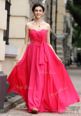 Hot Pink Chiffon Zipper Sweetheart Sleeveless Floor Length Homecoming Dress Sashes|ribbons and Ruching and Hand Made Flower