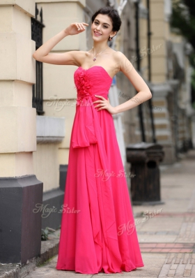 Hot Pink Chiffon Zipper Sweetheart Sleeveless Floor Length Homecoming Dress Sashes|ribbons and Ruching and Hand Made Flower