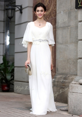 Lovely Chiffon Half Sleeves Floor Length Dress for Prom and Beading